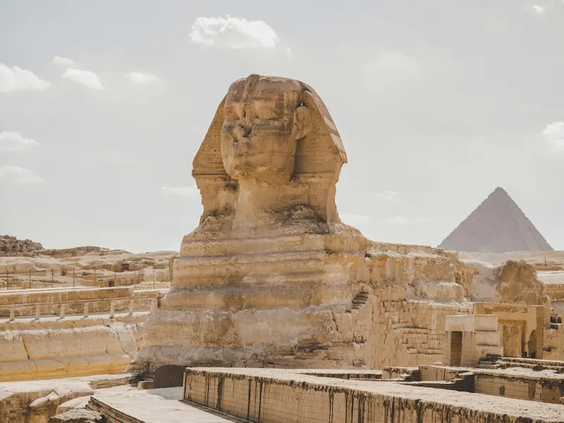 The Great Sphinx of Giza with the Pyramid of Khafre in the background, Egypt
