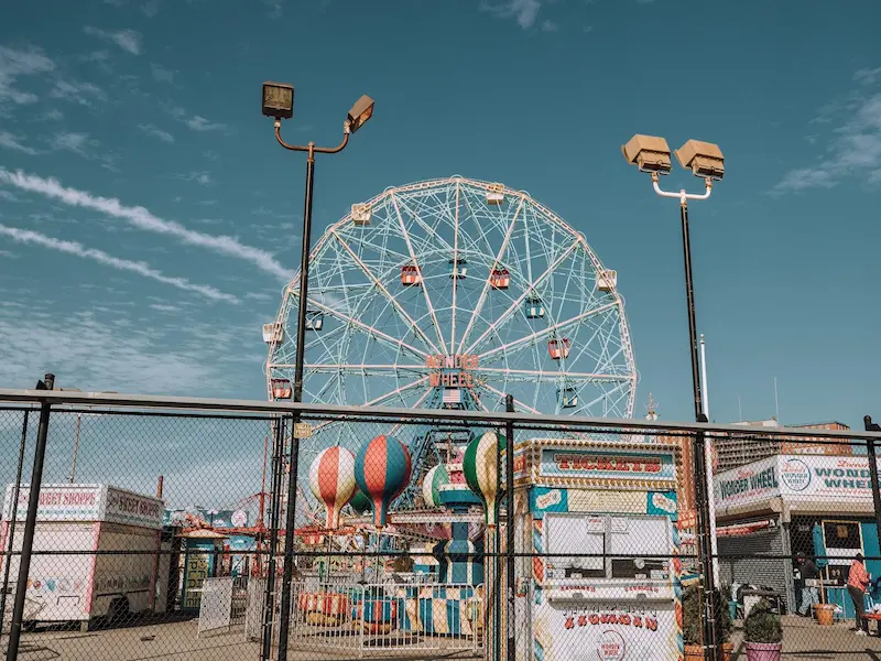 A large Ferris wheel at Coney Island amusement park