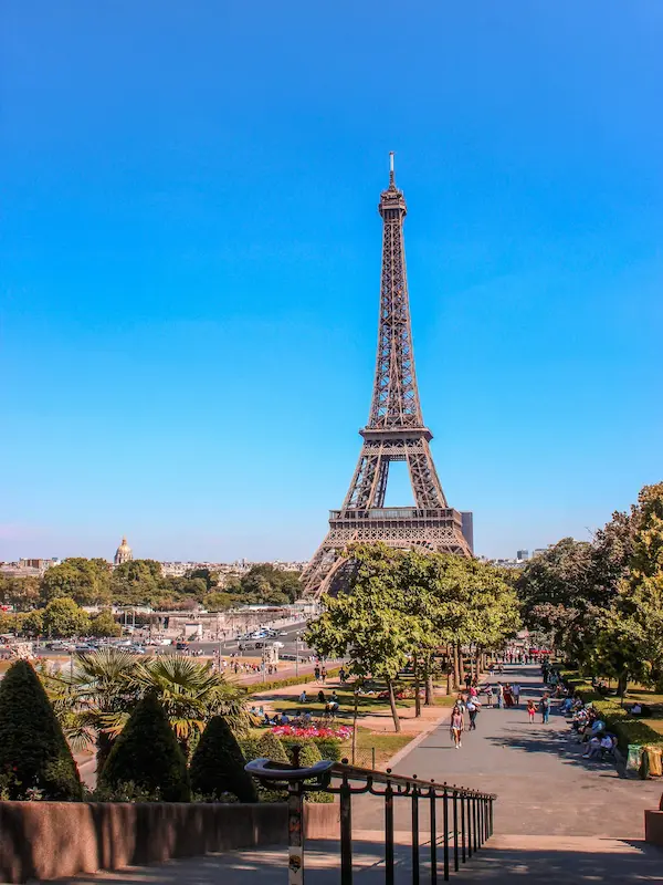 Eiffel Tower in Paris on a clear blue sky day