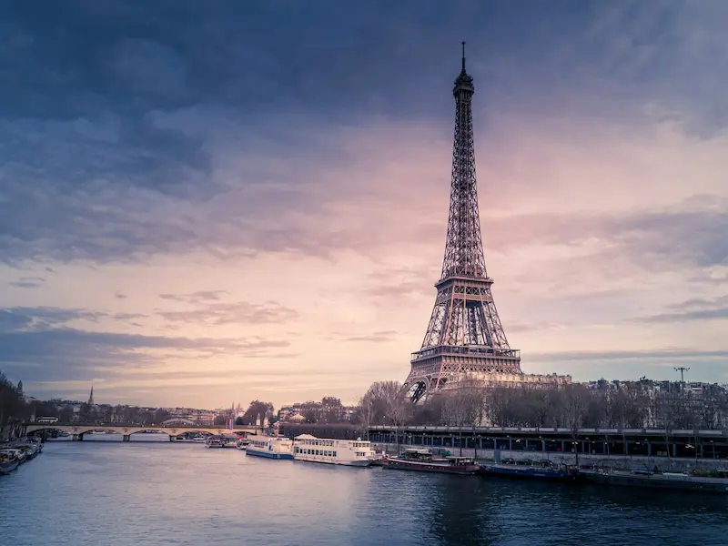 Eiffel Tower and Seine River in the foreground