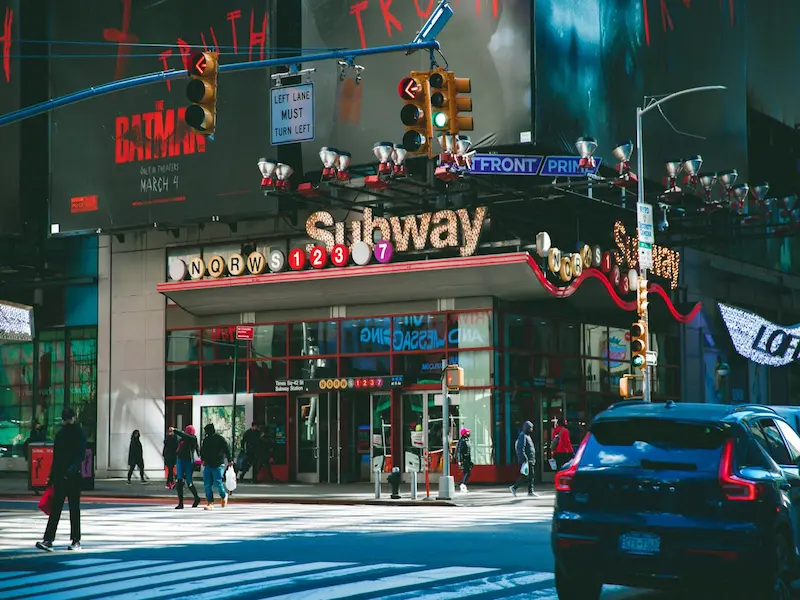 bustling New York City subway entrance at Times Square