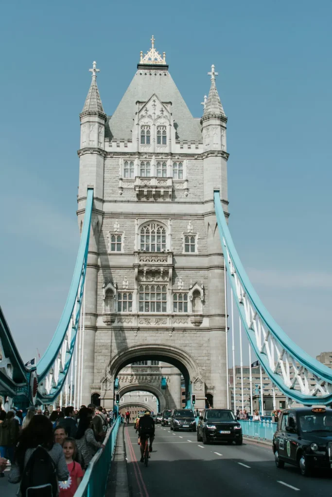 View of Tower Bridge from pedestrian pathway on a sunny day