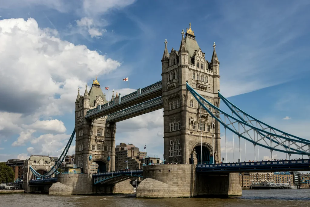 Side view of Tower Bridge showing both towers and suspension